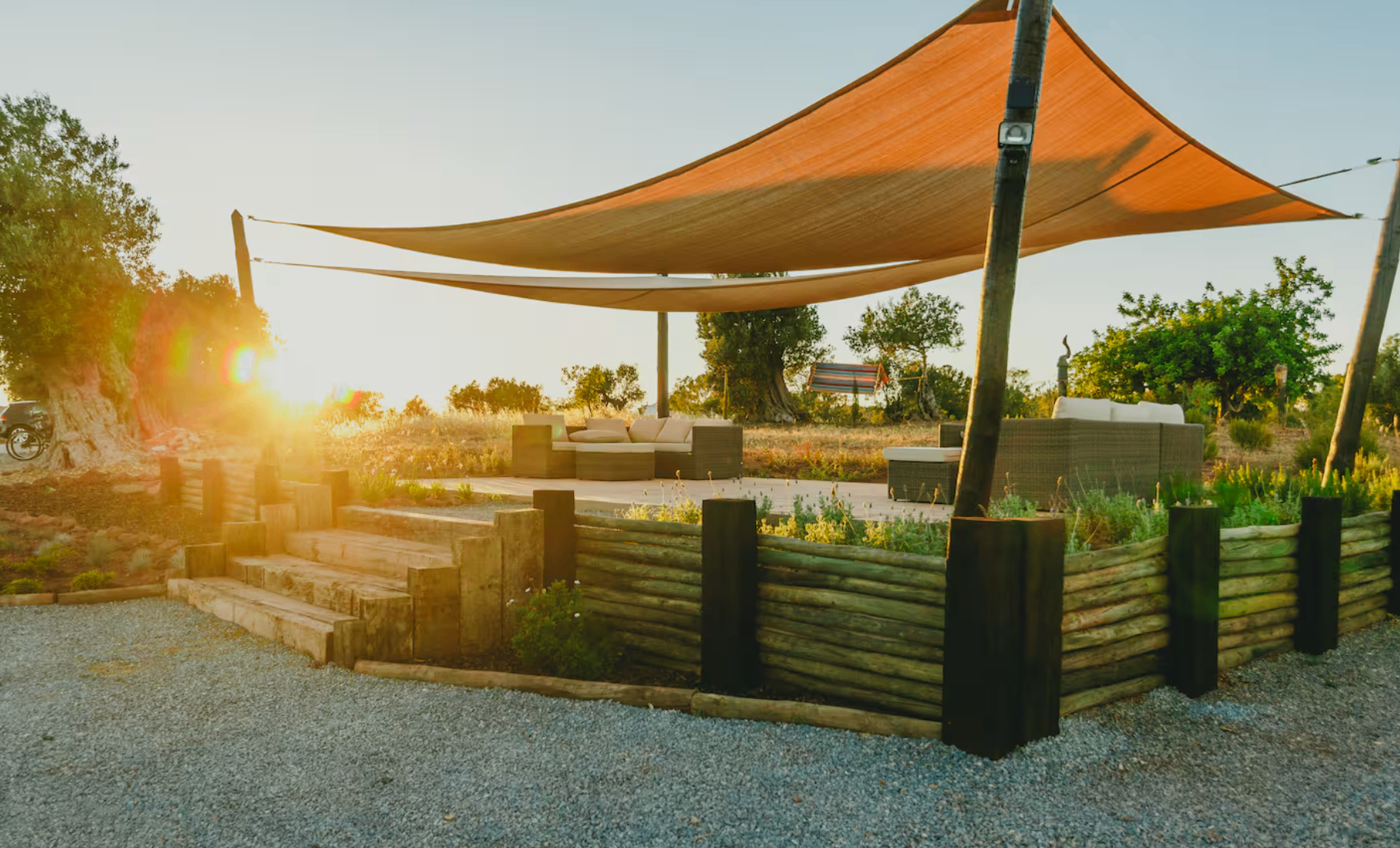 Warm sunset view across the retreat lounge area